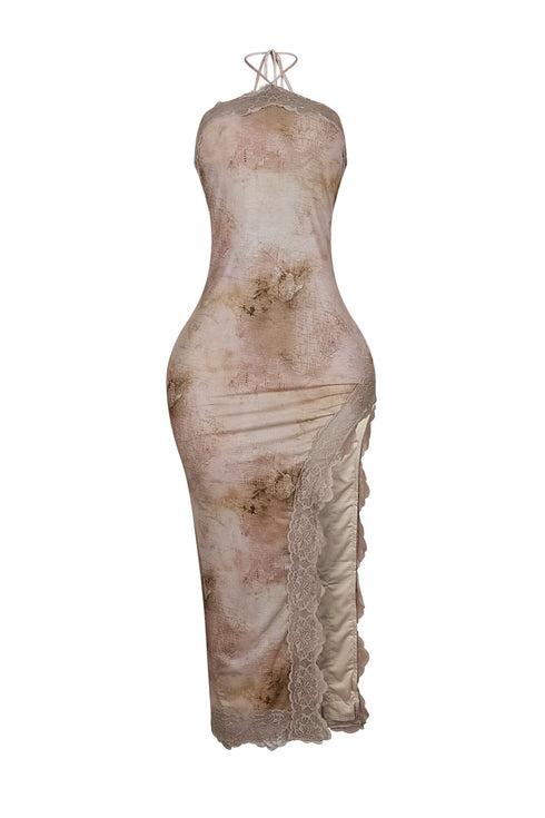 Flona Print Halter Lace Maxi Dress