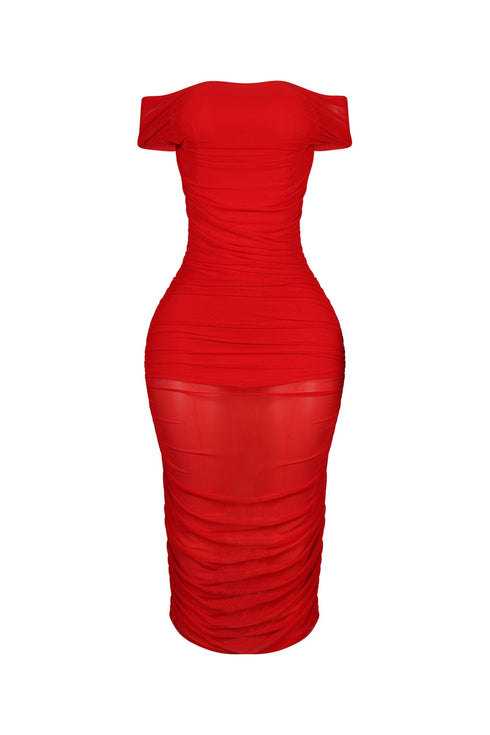 Evette Mesh 2 Way Ruched Midi Dress