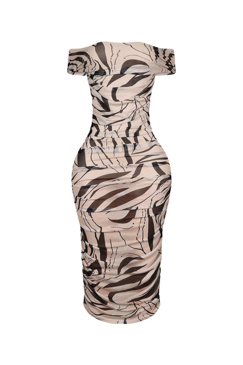 Araceli Mesh Zebra Printed Ruched Midi Dress