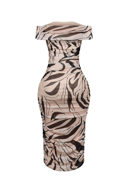 Araceli Mesh Zebra Printed Ruched Midi Dress