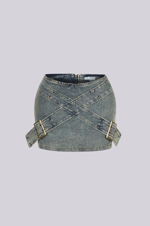Audrey Belted Denim Mini Skirt