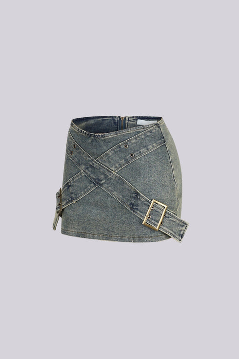 Audrey Belted Denim Mini Skirt