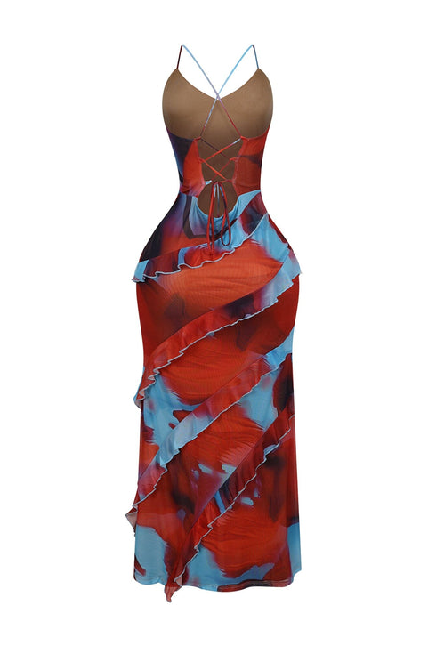 Josefina Mesh Print Ruffle Maxi Dress