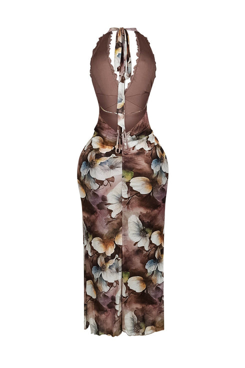 Fariah Print Lace Halter Ruffle Maxi Dress