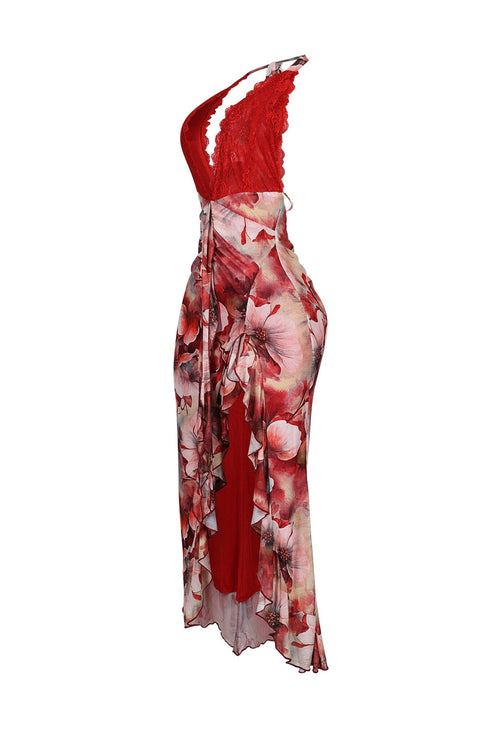 Fariah Print Lace Halter Ruffle Maxi Dress