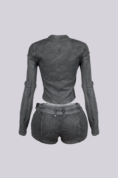 Koryn Washed Denim Zip Up Top & Shorts SET