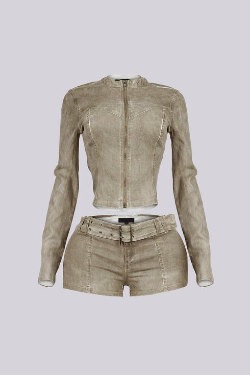 Koryn Washed Denim Zip Up Top & Shorts SET
