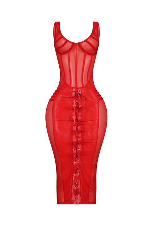 Angela Mesh Corset Lace Up Midi Dress