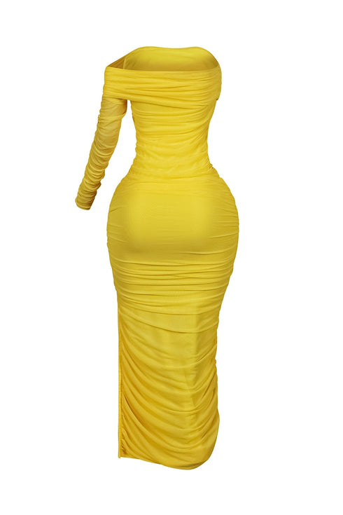 So Dramatic Mesh Ruched One Sleeve Dress