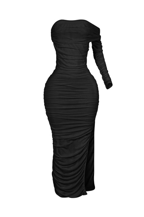 So Dramatic Mesh Ruched One Sleeve Dress