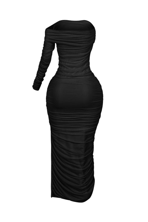 So Dramatic Mesh Ruched One Sleeve Dress