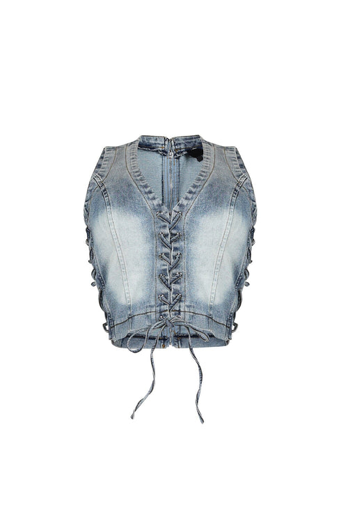 Stering Denim Sleeveless Lace Up Top