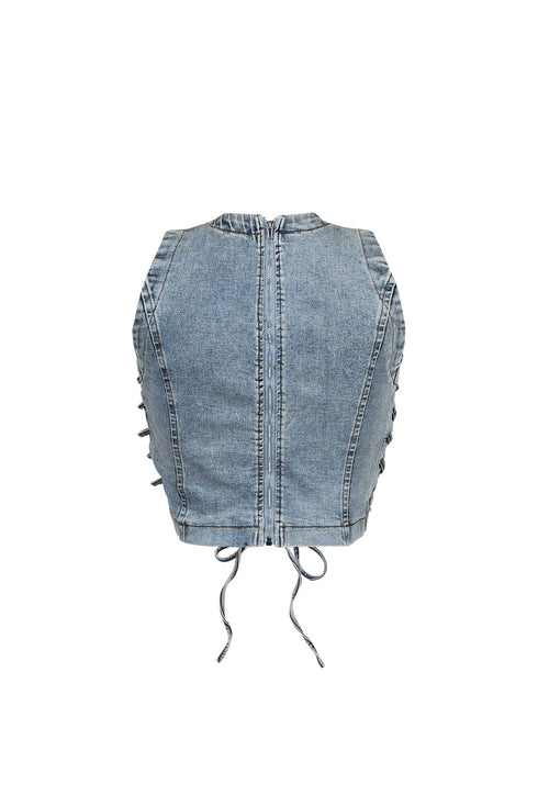 Stering Denim Sleeveless Lace Up Top