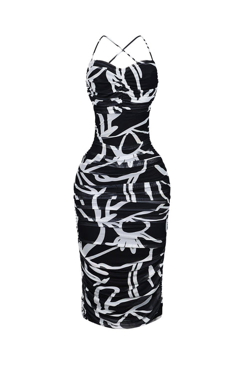 Cinna Mesh Print Ruched Midi Dress