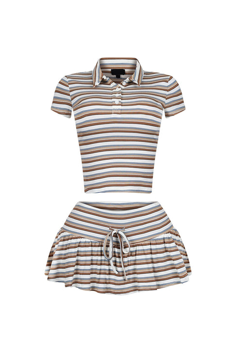 Dennet Striped Button Collar Top & Skirt SET