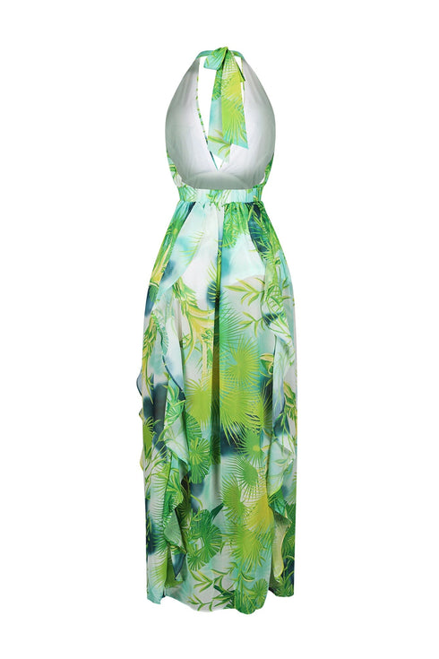Chiffon Printed Ruffle Halter Neck Maxi Dress