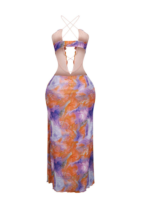 Everest Mesh Printed Ruffle Maxi Dress