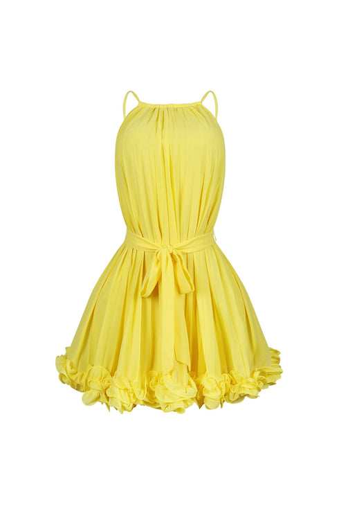 Yoneko Mesh Ruffled Halter Neck Mini Dress