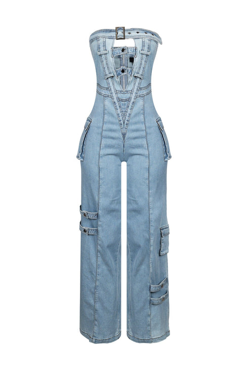 Ayla Washed Denim Cut Out Jumpsuit