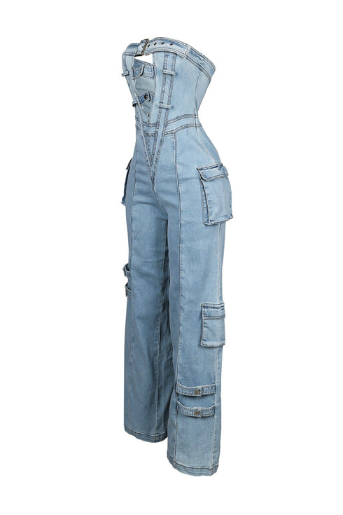 Ayla Washed Denim Cut Out Jumpsuit
