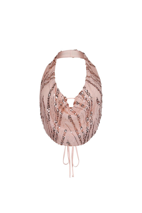 Shimmering Gold Sequin Halter Mesh Top