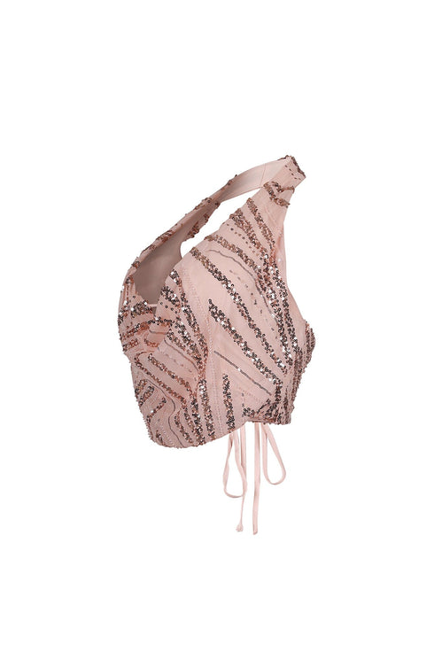 Shimmering Gold Sequin Halter Mesh Top