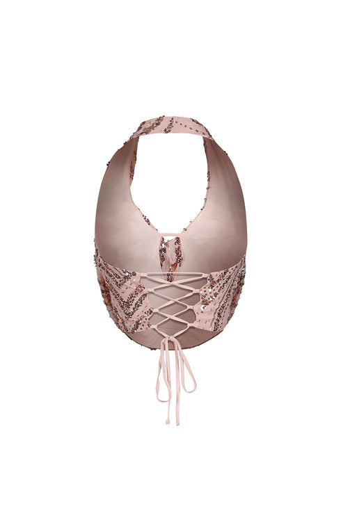 Shimmering Gold Sequin Halter Mesh Top