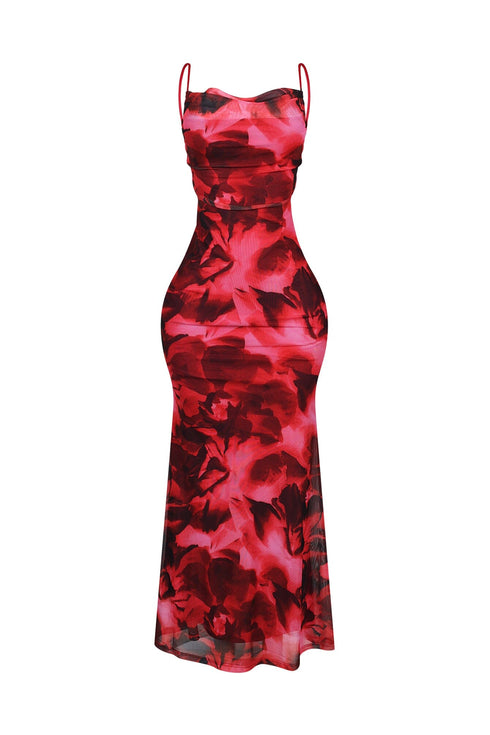 Hena Mesh Printed Cowl Neck Maxi Dress