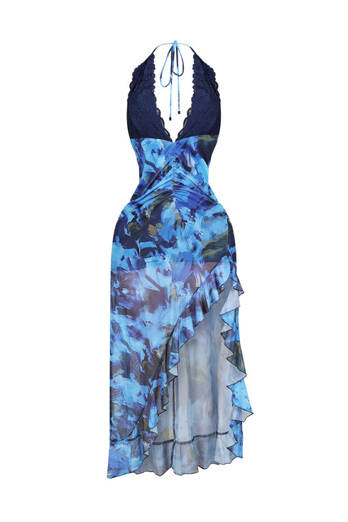 Fitted Mesh Printed Halter Maxi Dress