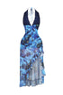 Fitted Mesh Printed Halter Maxi Dress
