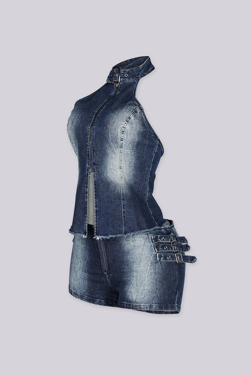 Zipstorm Denim Halter Top & Shorts SET