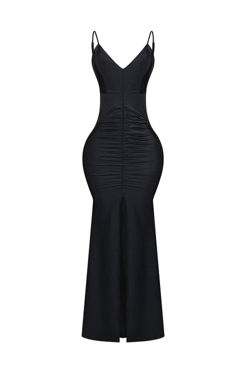 Nylon Ruched V-Neck Tank Maxi Dress