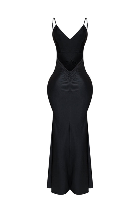 Nylon Ruched V-Neck Tank Maxi Dress