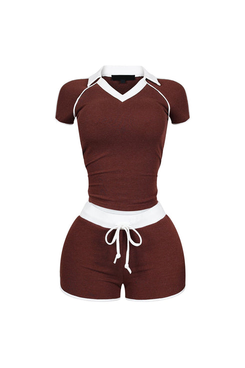 Yumi Contrast Piping Collared Top & Shorts SET