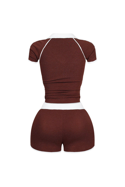 Yumi Contrast Piping Collared Top & Shorts SET