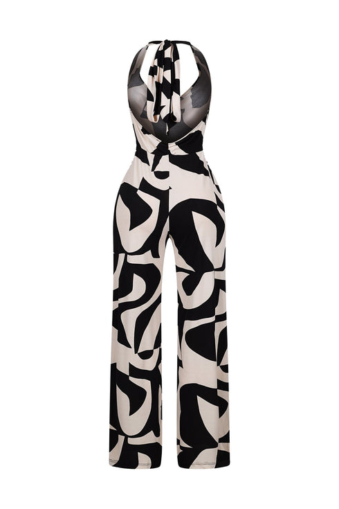 Chic Mesh Printed Cowl Neck Jumpsuit