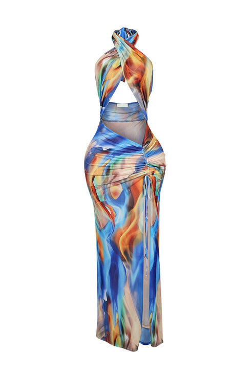 Blue Marble Printed Mesh Halter Dress