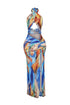 Blue Marble Printed Mesh Halter Dress
