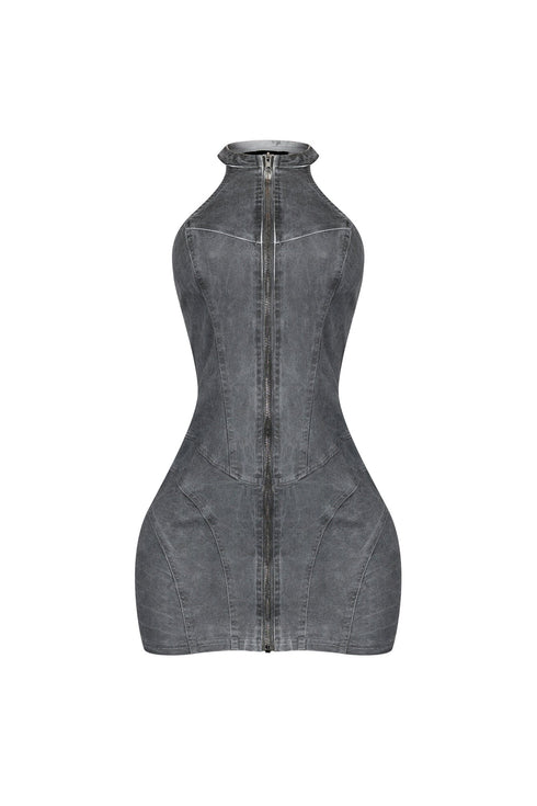 Denim Washed Halter Zip Up Mini Dress