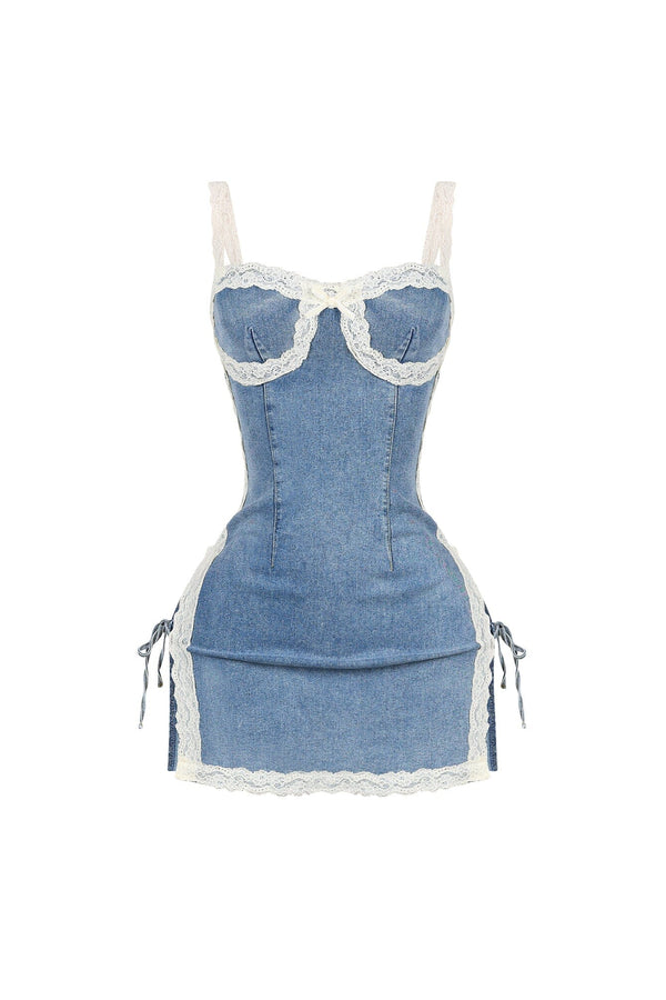 Jezebel Denim Mini Dress With Lace Trim