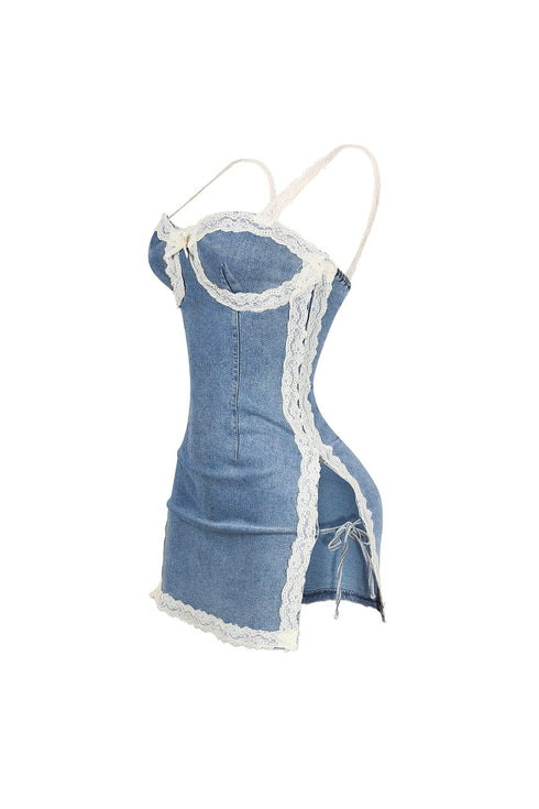 Jezebel Denim Mini Dress With Lace Trim