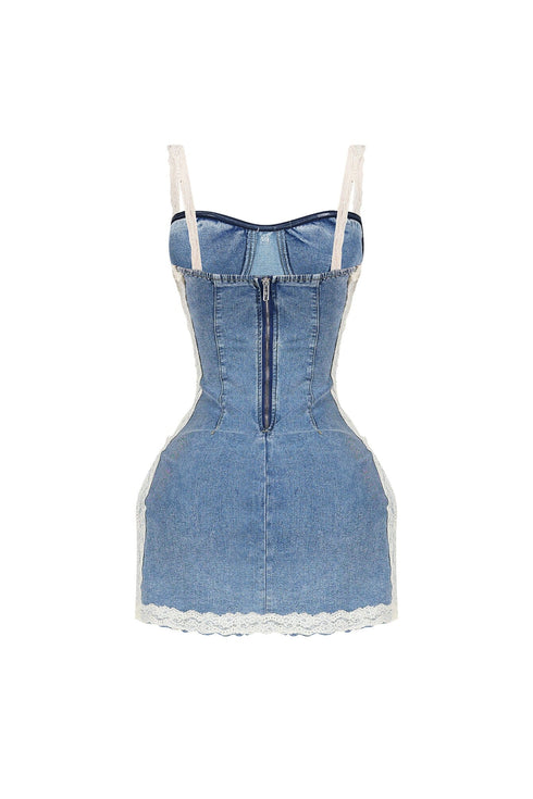 Jezebel Denim Mini Dress With Lace Trim