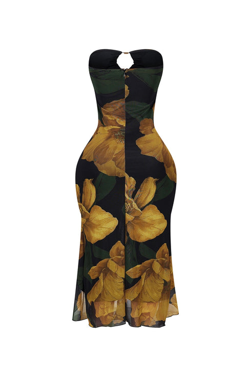 Golden Petal Ruffled Floral Tube Dress