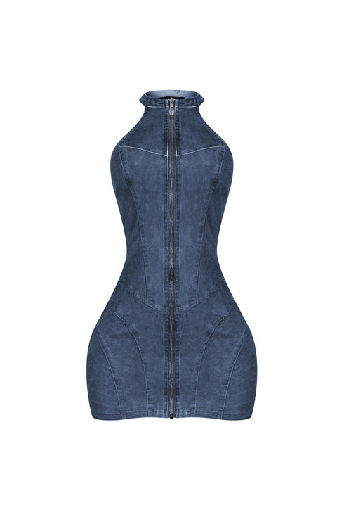 Denim Washed Halter Zip Up Mini Dress