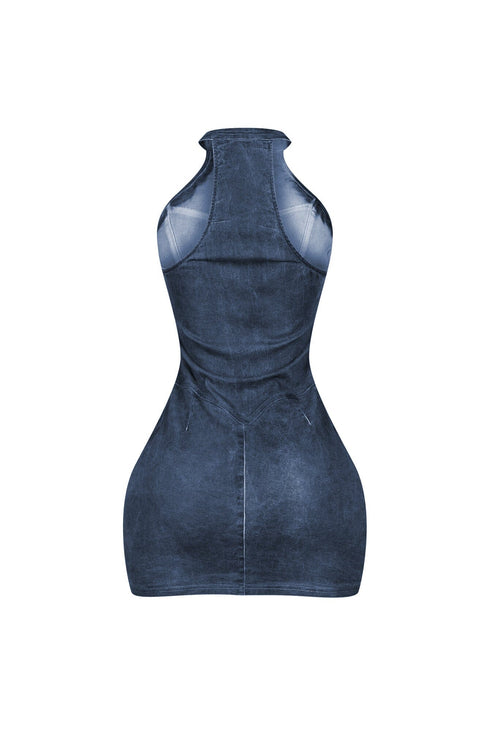 Denim Washed Halter Zip Up Mini Dress