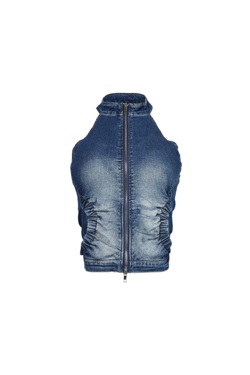Indigoa Denim Halter Neck Zip Up Top