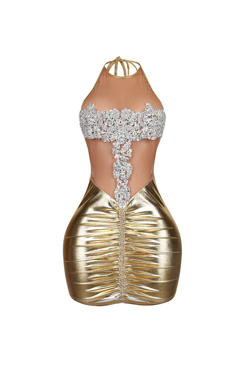 The Queen Rhinestone Mesh Halter Mini Dress