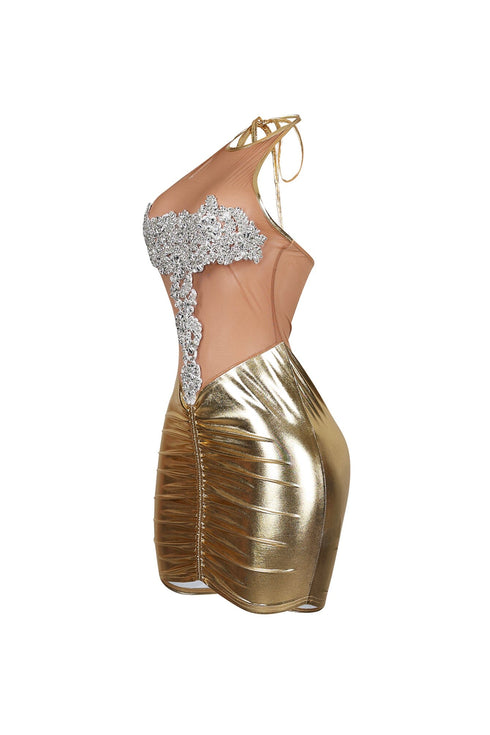 The Queen Rhinestone Mesh Halter Mini Dress