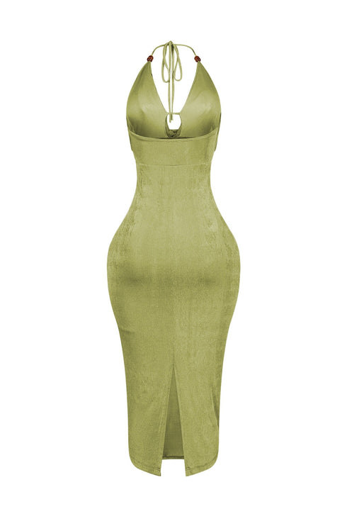 Truffle Slinky Cowl Neck Halter Midi Dress