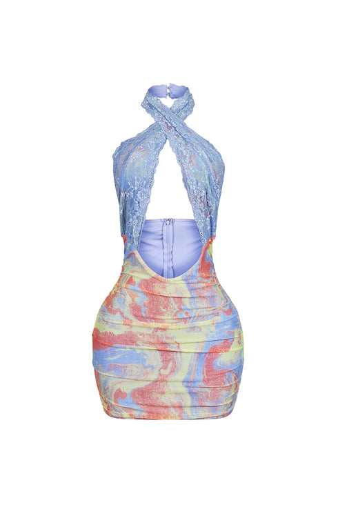 Ethereal Mesh Print Lace Halter Mini Dress